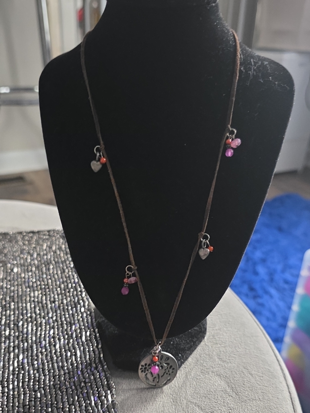 Handmade Brown Suede Necklace with Pink Beads and Silver Pendant